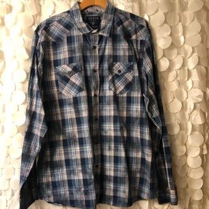 Blue and gray long sleeve plaid shirt